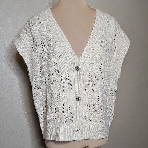 Esqualo M/L Ivory Pointelle Knit Sweater Vest with Rhinestone buttons - Picture 1 of 9